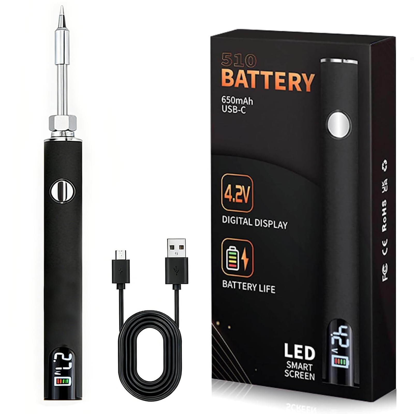 Amazon.com: 510 Threaded Battery Cart Pen, Portable Cordless Soldering Iron  Cart Pen, USB-C Rechargeable with LED Screen, 650mAh Adjustable Temperature  for Electronics Repair, DIY, & Phone Fix (Black) : Tools & Home