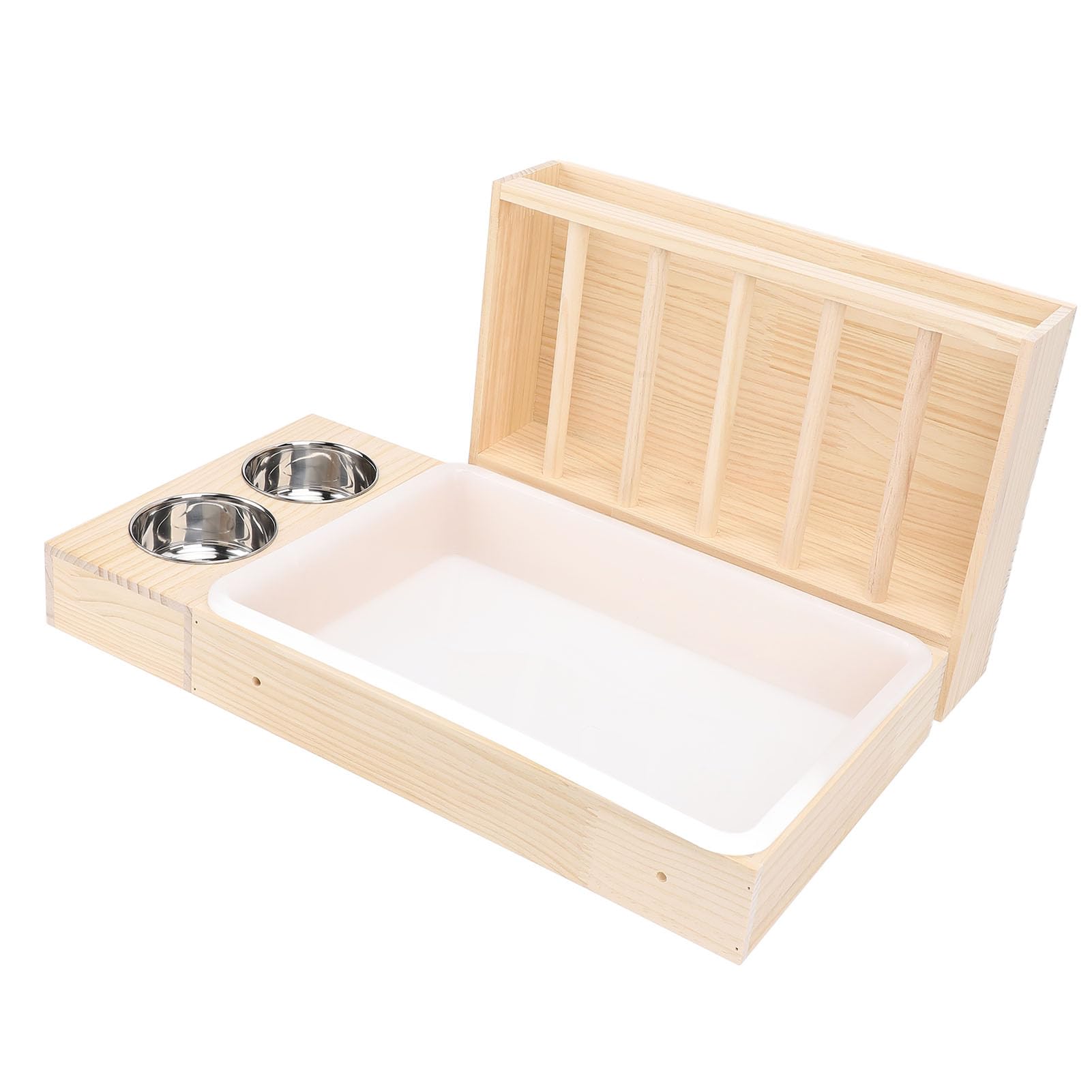Greensen Alimentador de Heno para Conejos y Roedores, Dispensador de Heno de Madera Sólida y Acero Inoxidable, Diseño Doble Tazón Amplio, Fácil Montaje, Ideal para Cobayas, Liebres y Otros Herbívoros
