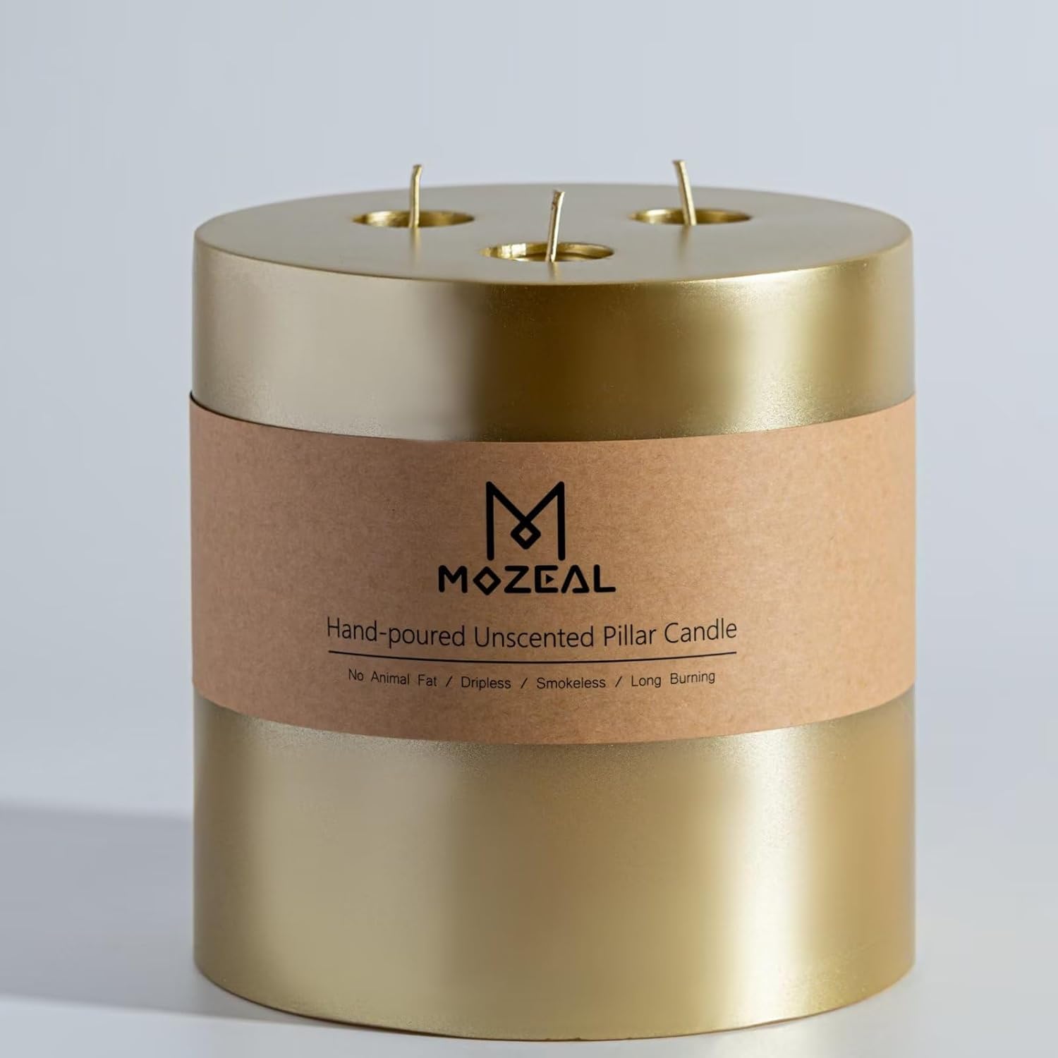 MOZEAL Extra Large 3 Wick Metallic Gold Pillar Candle, 6" x 6", Unscented, Dripless, Smokeless, and Clean-Burning. Approx. 120 Hours of Burn Time. Perfect for Weddings, Dinners, Christmas Decor