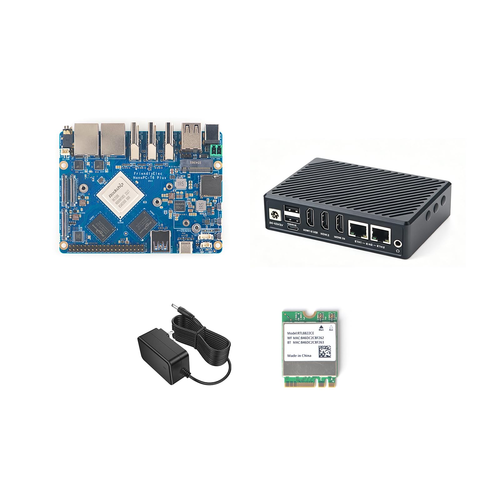 NanoPC-T6 Plus Mini Open-Source WiFi Router, RK3588 Quad-Core SoC, 16GB LPDDR5 64GB eMMC, M.2 B-Key for 4G LTE, Dual 2.5G Ethernet/NVMe SSD/WiFi Module Smart IoT Gateway (WiFi Kit, 16+64GB)