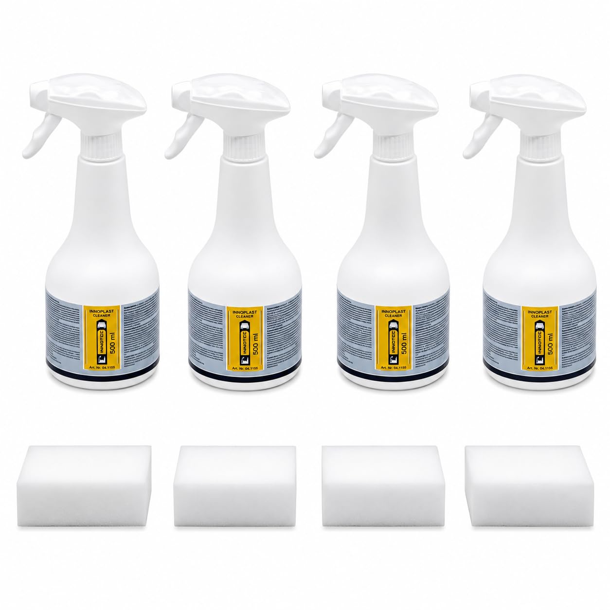 4 Stück Innotec Innoplast Cleaner Flugrostentferner - entfernt Flugrost, Nikotin, Fett, Schmutz - Innoplast Cleaner 500ml + Reinigungsschwamm - Silikonfrei für Lackierereien und Karosseriewerkstätten