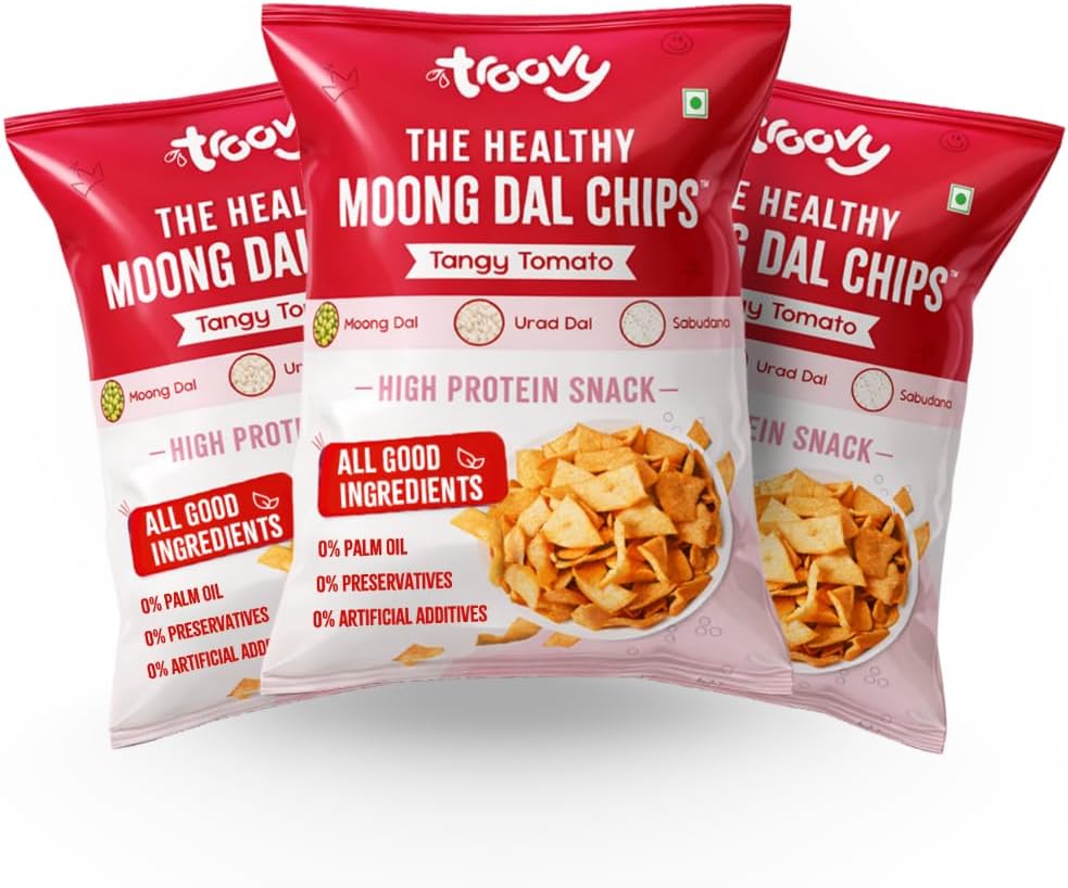 Healthy Tangy Tomato Moong Dal Chips | Tasty & High Protein Snacks | 30% Of Protein Needs | No Palm Oil, Cholesterol or Trans Fats | 70g (Pack of 3)