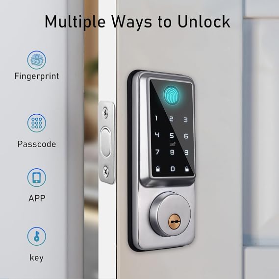 Smart Door Lock, Electronic Fingerprint Lock Front Door Keyless Keypad Door Lock with Bluetooth, App Control, 2 Keys, 3 Cards, Digital Auto Touchscreen Code Lock for Home Office
