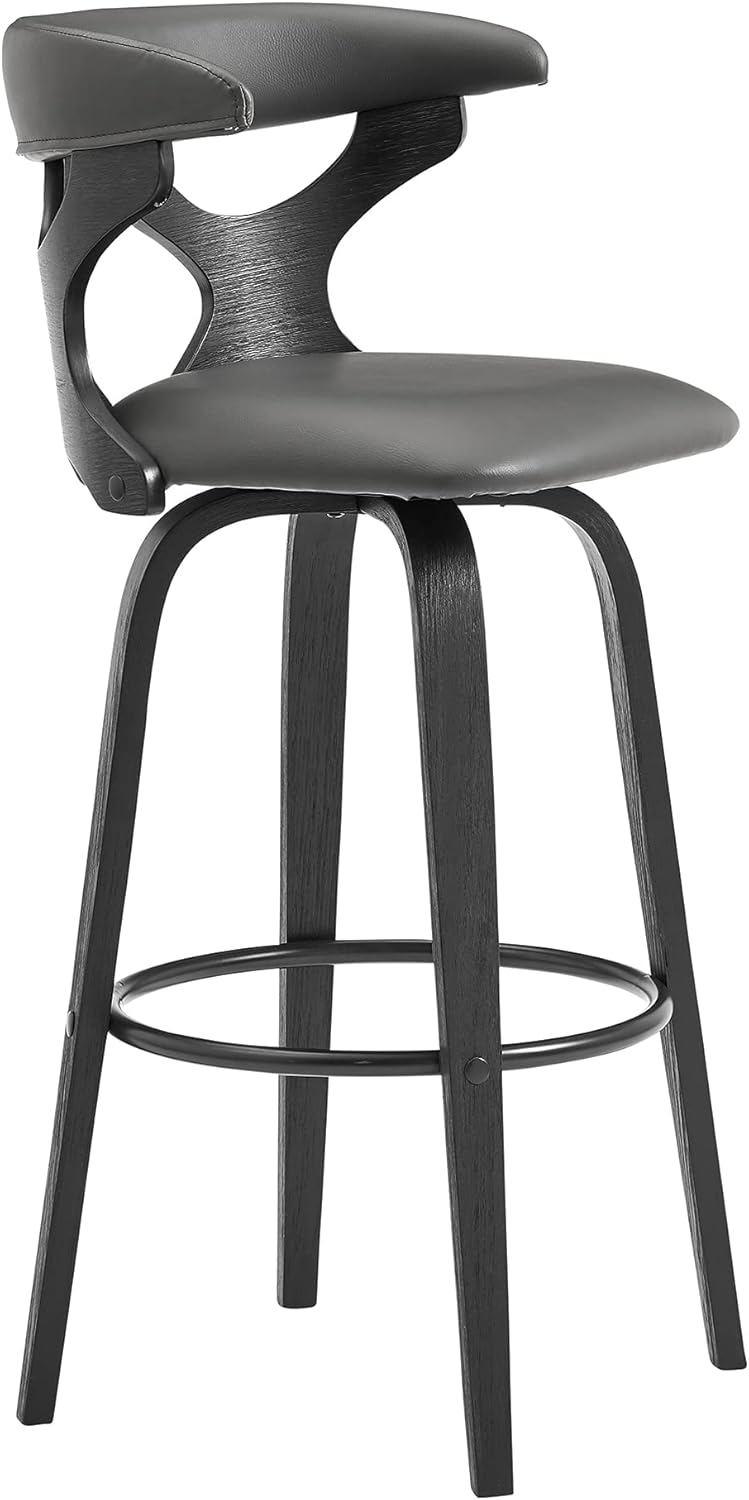 Armen Living Zenia 30" Seat Height Swivel Bar Stool in Gray Faux Leather and Black Wood
