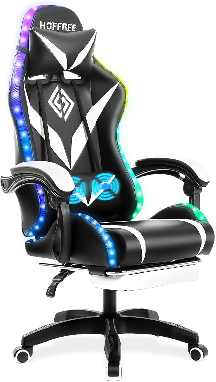RGB Gaming Chair with LED Lights and Massage Ergonomic Computer Gaming Chair with Footrest High Back Video Game Chair with Adjustable Lumbar Support Linkage Armrest White and Black