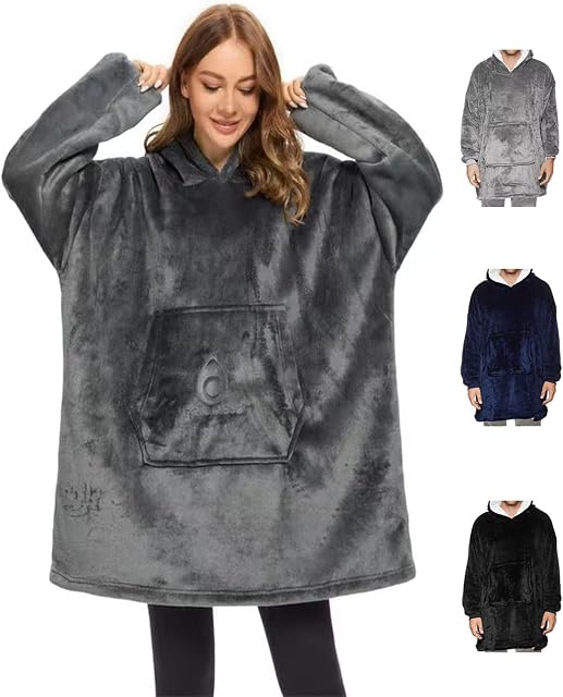 CL.HHan Oodie Blanket Hoodie Women Mens UK One Size Warm Soft Comfortable Cosy Wearable Hooded Sweatshirt Big Pocket Fits for Girls Boys Kids Adults Black/Grey/Navy Blue