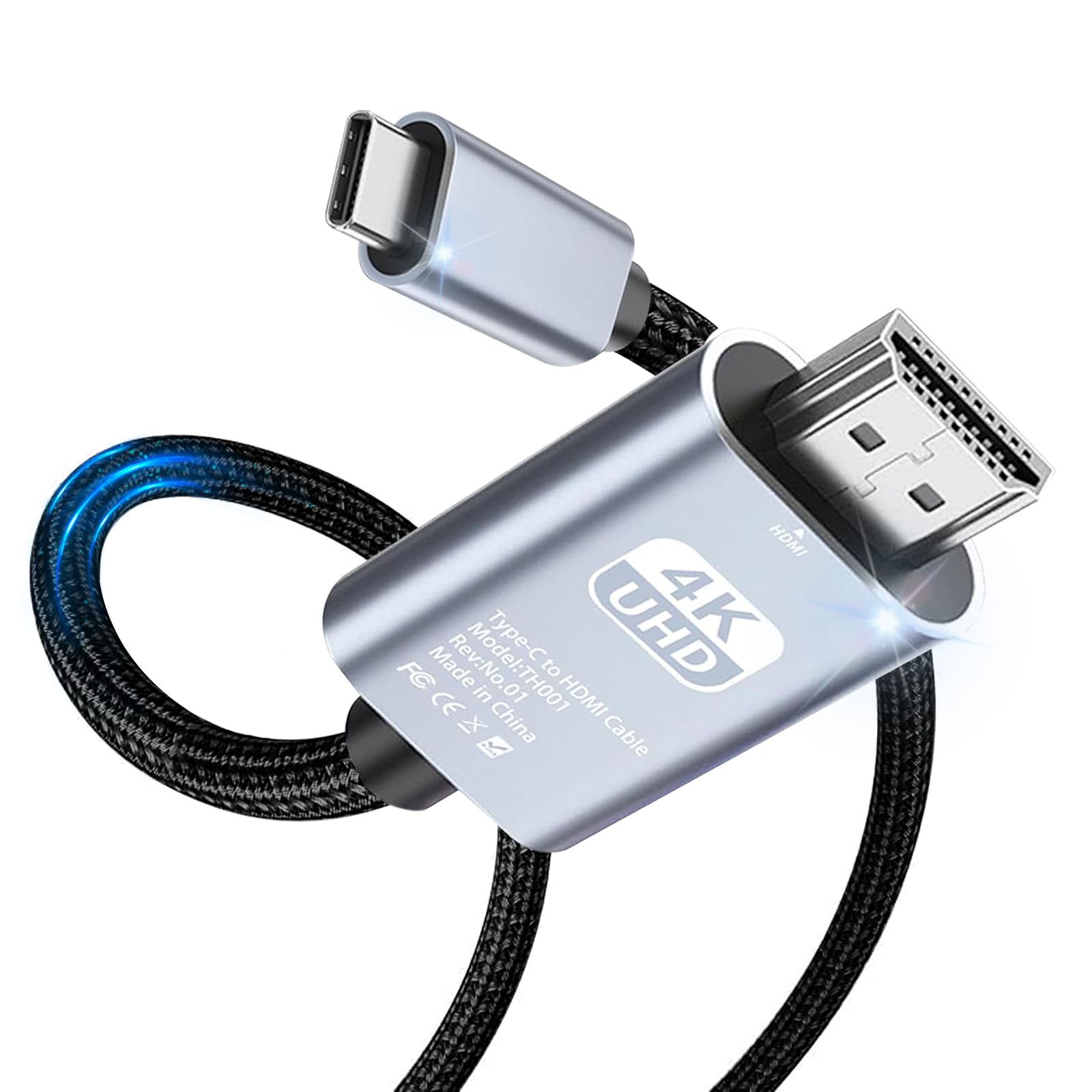 Cavo da USB C a HDMI 4K a 60Hz, 2 m, adattatore intrecciato da USB tipo C a HDMI per Home Office Thunderbolt 4/3, compatibile con Galaxy S8 a S22, MacBook Pro/Air, iPad Pro, iMac, Mac Mini