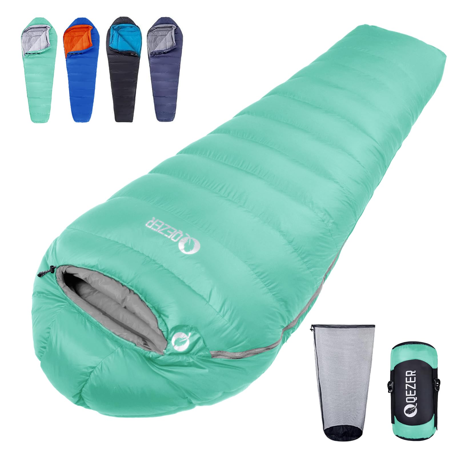 QEZER Down Sleeping Bag 4 Season, Lightweight Winter Sleeping Bag 0 Degree to -12 Degree C for Adults and Kid Camping, Hiking and Backpacking Outdoor Filled 600+FP Down (Green)