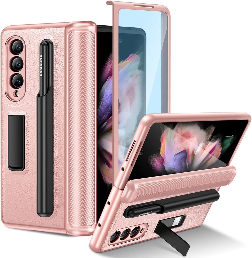 VEGO Case for Samsung Galaxy Z Fold 3 Case, Hinge Protection Case with [Removable S Pen Holder & Front Screen Protector], Leather Magnetic Kickstand Cover Case for Galaxy Z Fold 3 5G - Rose Pink