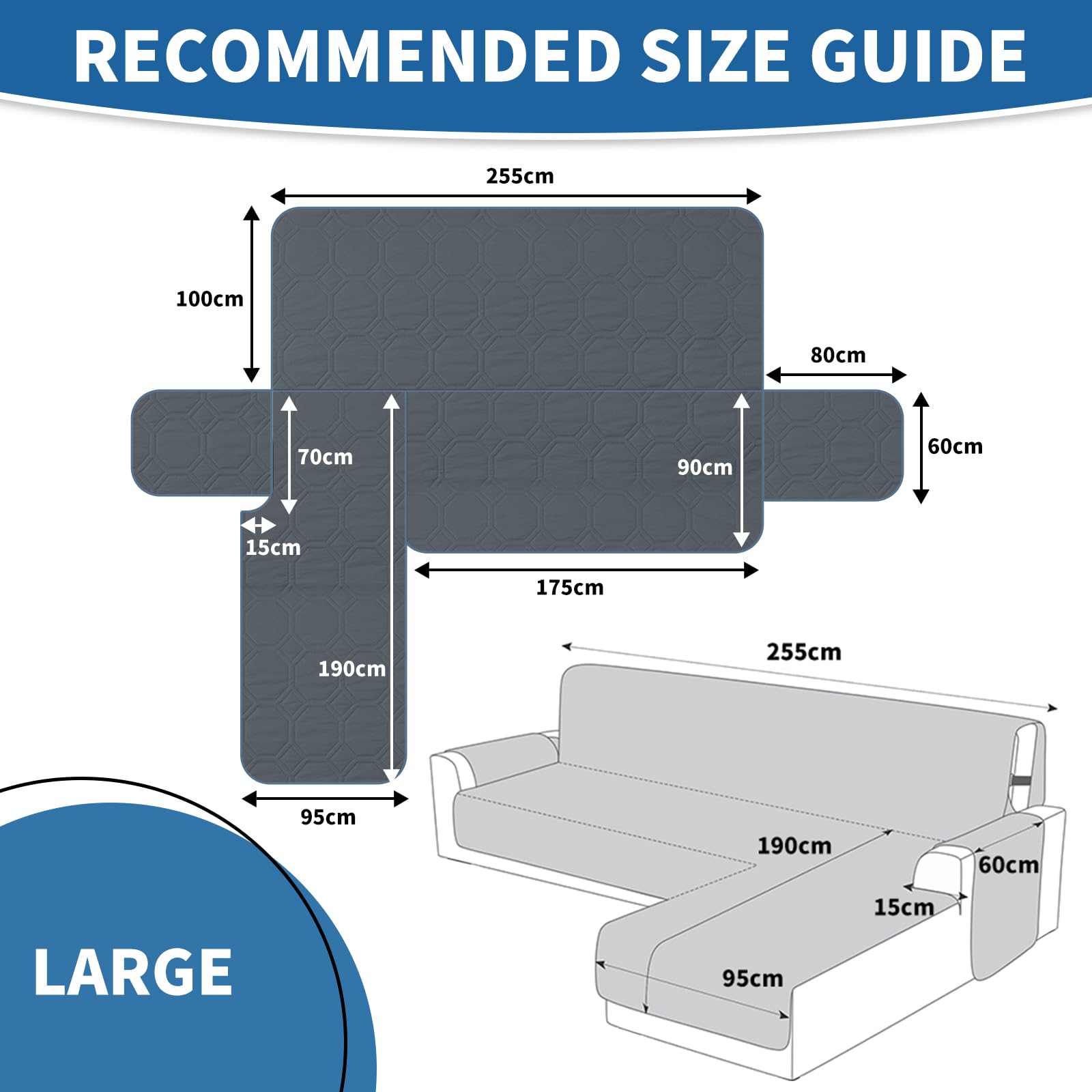 Ystyle Copridivano Impermeabile con Penisola 3 Posti (L 250 CM), Copridivano Angolare Destra/Sinistra Universale Reversibile, Copridivano Chaise longue Antigraffio Antimacchia, Grigio