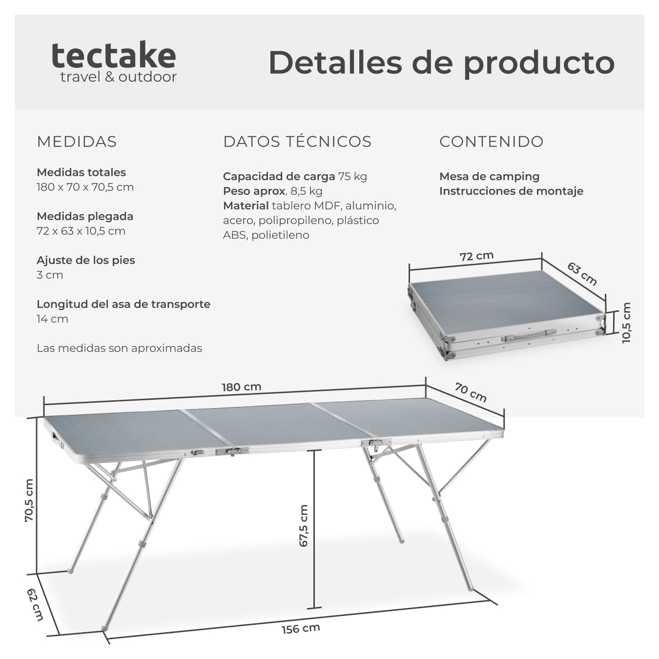 tectake® Mesa Plegable Aluminio, Mesa Camping Plegable con Altura Ajustable, Mesa Jardín Exterior con Asa de Transporte, Resistente a Intemperie, Ideal Acampadas, Jardín, Terraza, Picnic, 180x70x70cm
