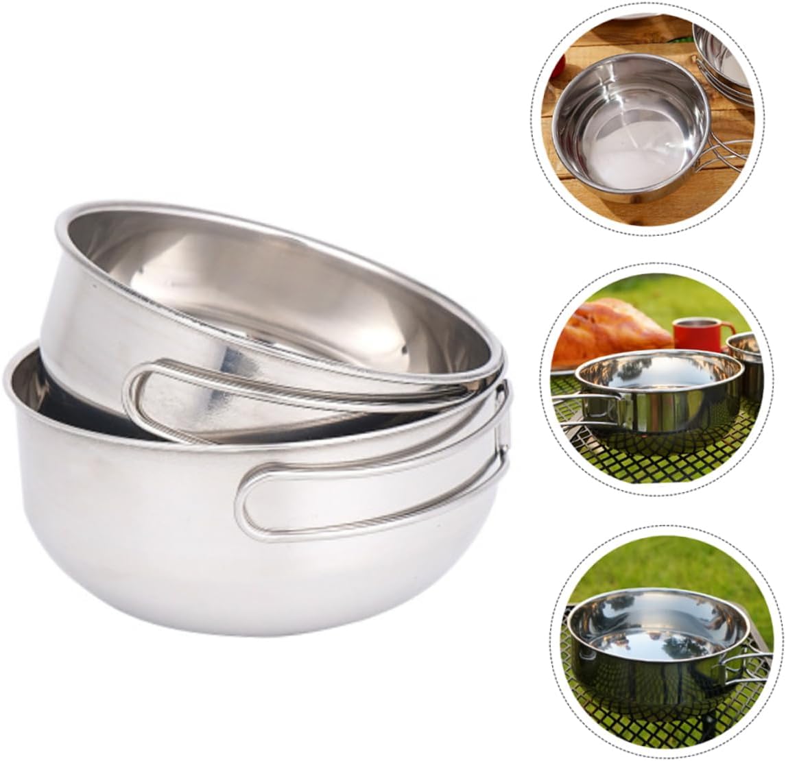 VANZACK 3Pcs Camping Tableware Bowl with Foldable Handles and Mesh Storage Bag Stainless Steel Bowls for Hiking Picnic Bbq Outdoor Travel