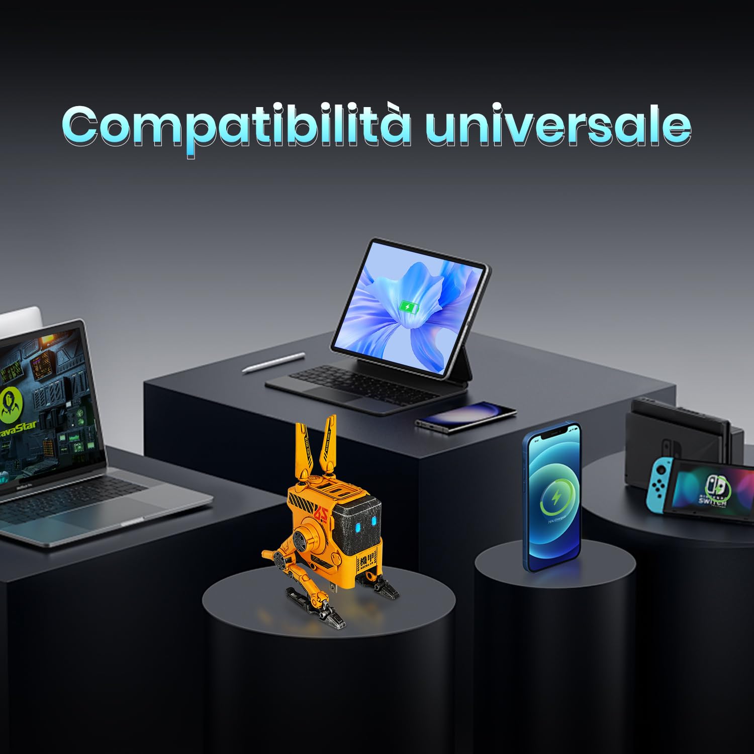 GRAVASTAR Caricatore USB-C GaN 65W Robot con 3 Porte | Caricatore USB-C con esclusivo design robotico, 2 USB-C e 1 USB-A per ricarica rapida con uno stile unico da scrivania