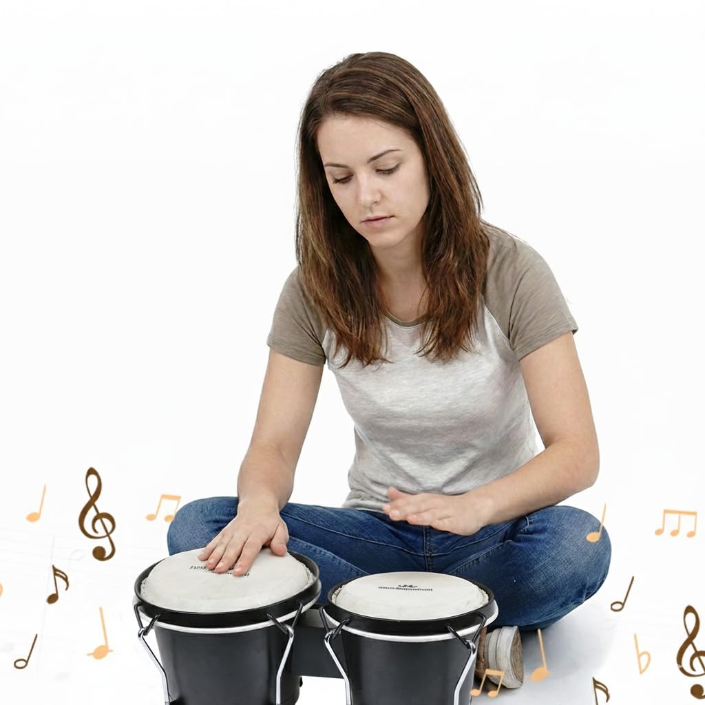 Bongo Schlagzeug für Erwachsene und Kinder, Anfänger, Profi, 2 einstellbare Drum-Sets, 15,2 cm und 17,8 cm, natürliches Tierleder, versteckte Walnussmuscheln, Holz und Metall mit Schlüssel