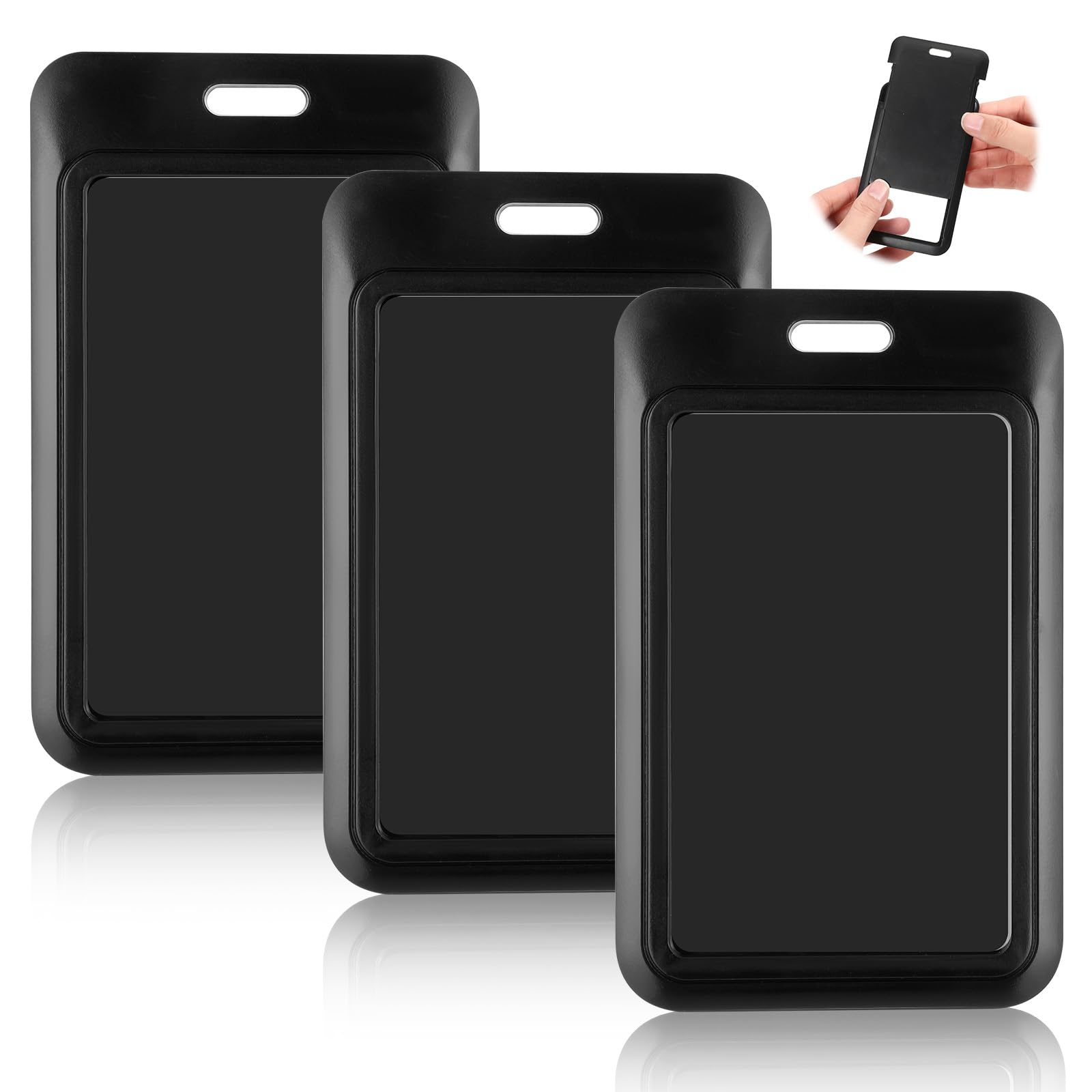 3 Pcs Sliding ID Badge Holders Plastic Card Case Protector Pouch Black Plastic Vertical ID-Card Holder with Clear