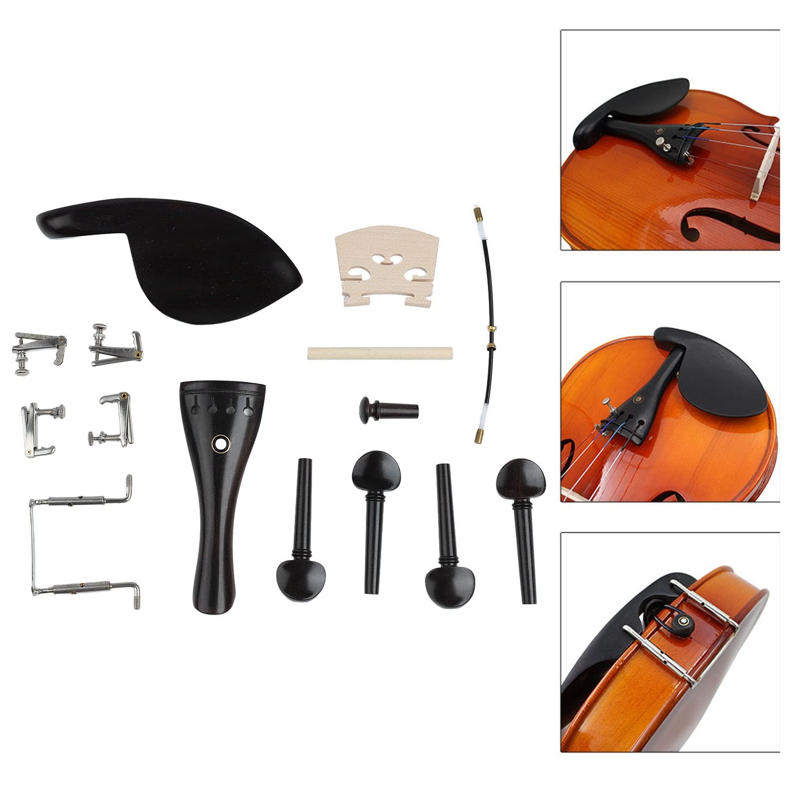Violon Kit Accessoires 15 Pièces Ébène Noir (Cordier, Queue, Corde, Bouton, Accordeur, Mentonnière, Pont, Tuning Pegs, Fins)