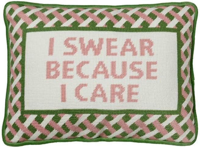 Peking Handicraft I Swear Because I Care Embroidered Blown in Filled Pillow, 14-Inch, Multicolor