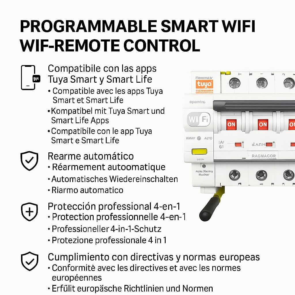 RASMACOR - Interruptor Magnetotermico WiFi – Rearmable 4P 25A Curva C 6kA – Termico Inteligente con Control Remoto – Compatible con App Tuya Smart – Domotica - 4 Polos 25A