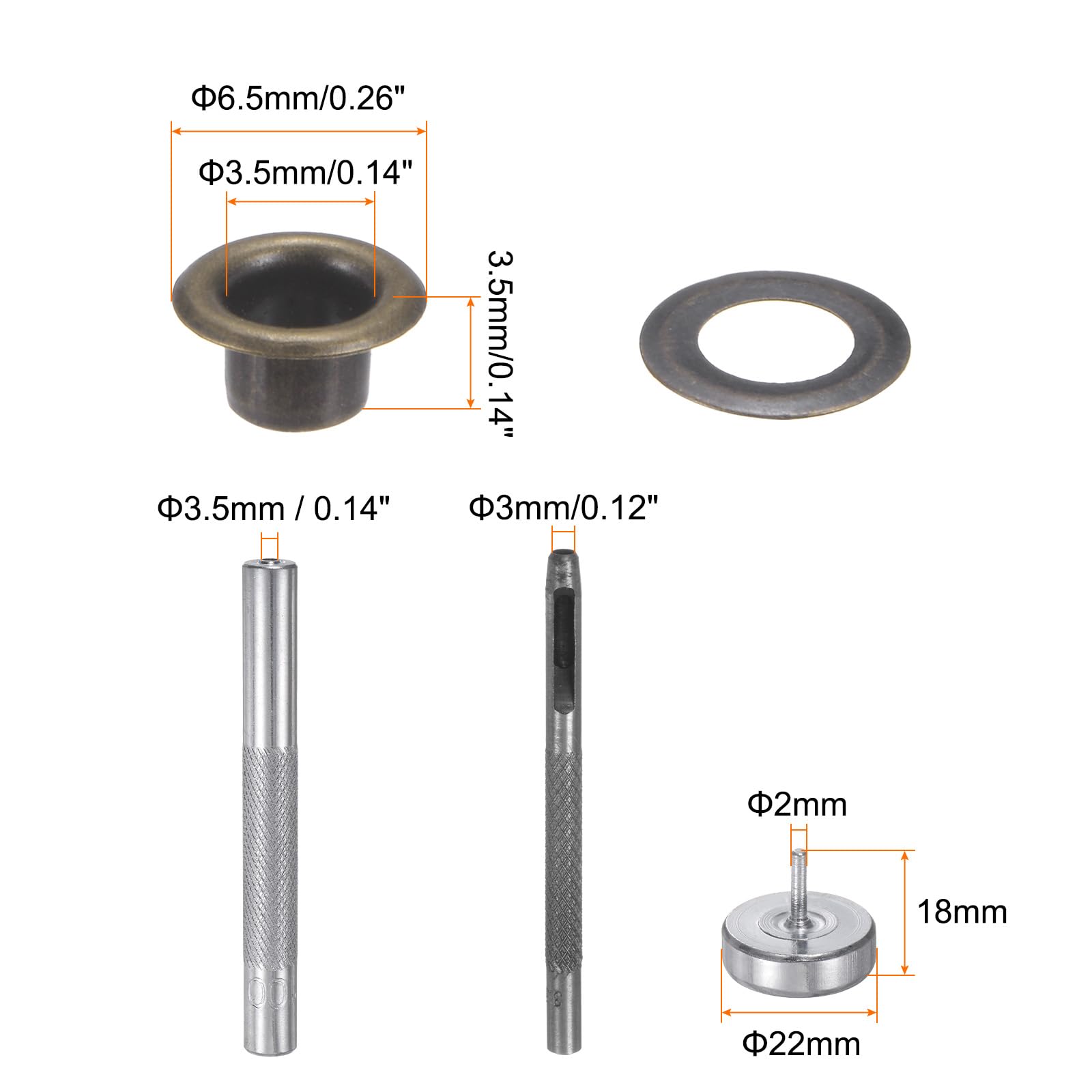 HARFINGTON Juego de 100 herramientas de ojales de cobre de 3,5 mm con perforador hueco, herramientas de ajuste de ojales para ropa, cinturón de tela de cuero, bronce