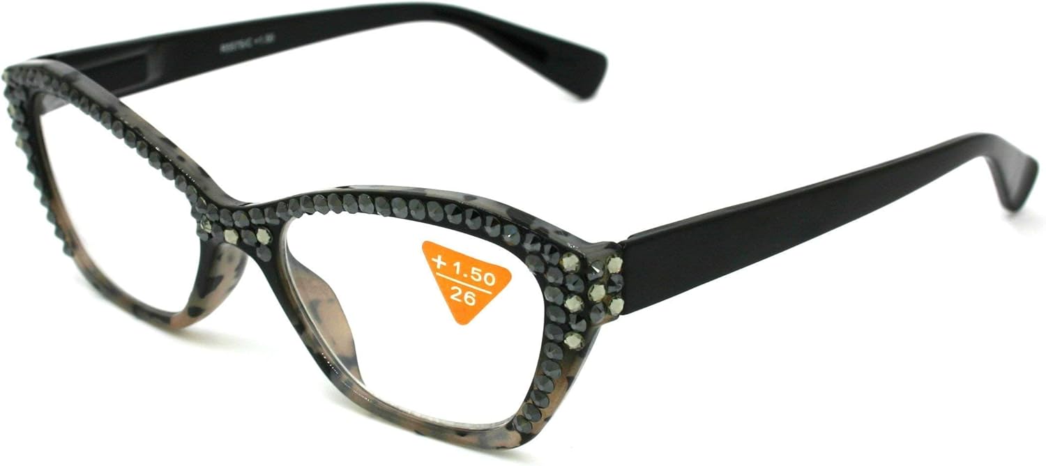 Jane, Women Reading Glasses Bling w Hematite n Black Diamond Genuine European Crystals. Black Tortoise, Full Top, Retro Cat eyes. NY Fifth Avenue.