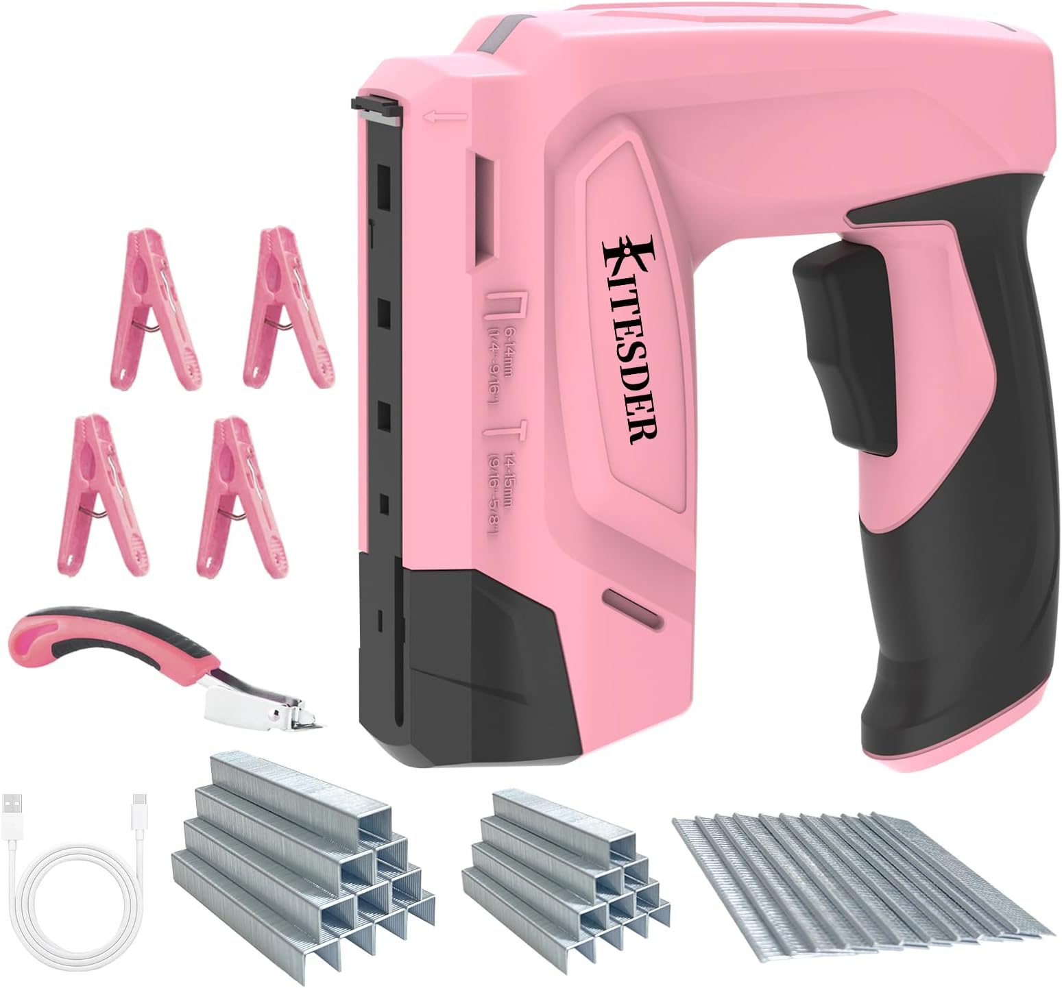 Pink Cordless Nail Gun with 2 Batteries & 2000 Nails - 2-in-1 Electric Nailer for Woodworking (1-1/4" Nails & 7/8" U-Shaped Crown Nails)