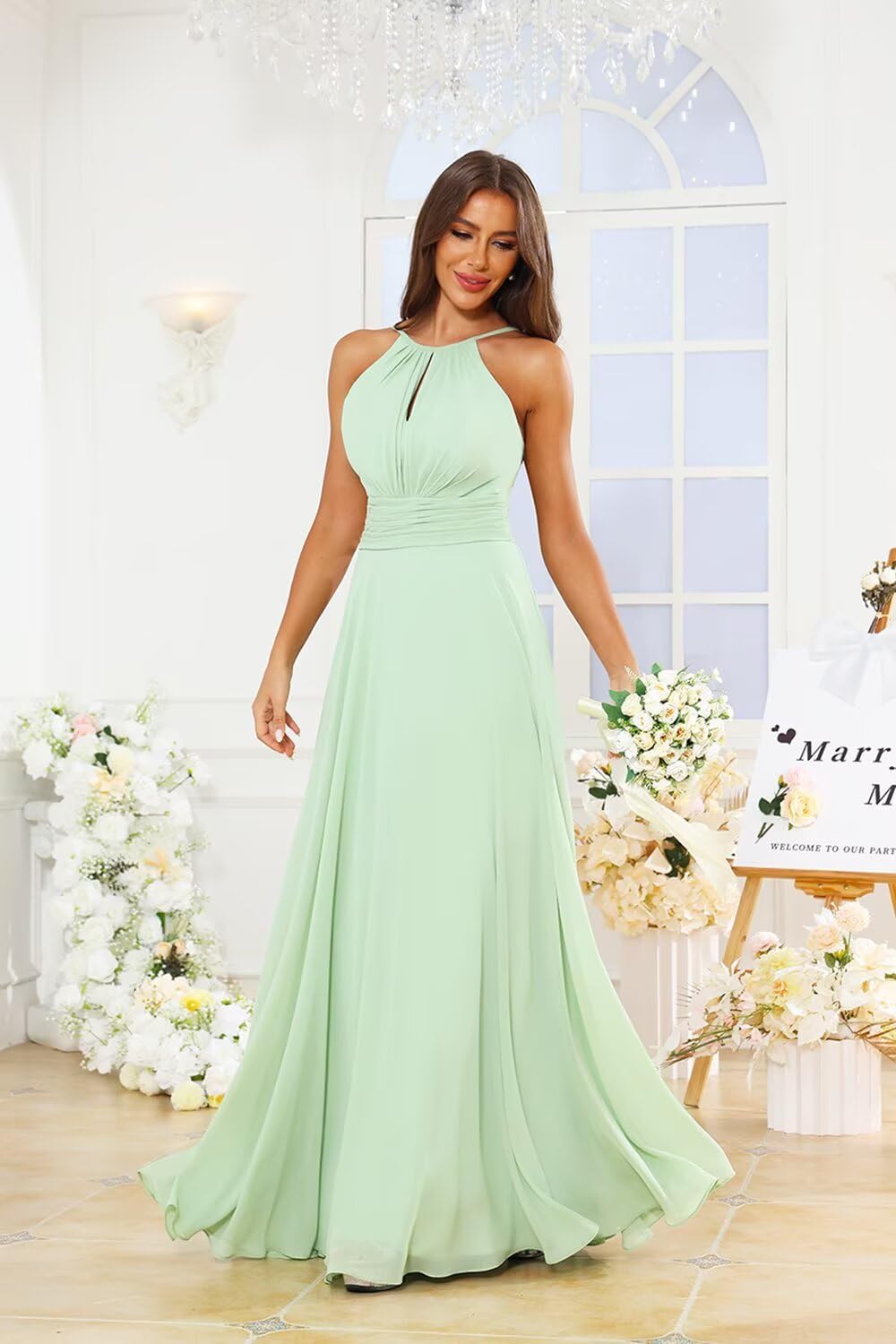 SoDigne Halter Pleated Long Bridesmaid Dresses for Women A Line Chiffon Corset Wedding Guest Gown