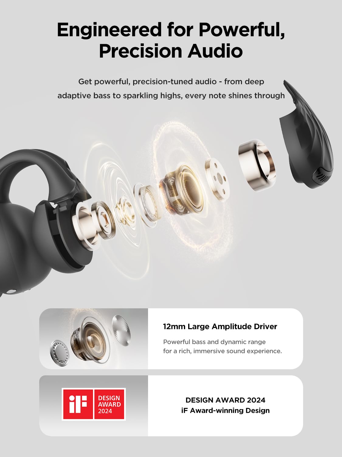 HAKII Auricolari senza fili, auricolari senza fili, Bluetooth 5.4, ergonomici, con clip, con suono stereo/ENC, cuffie aperte con controllo touch, cuffie impermeabili IPX5, per sport, fitness