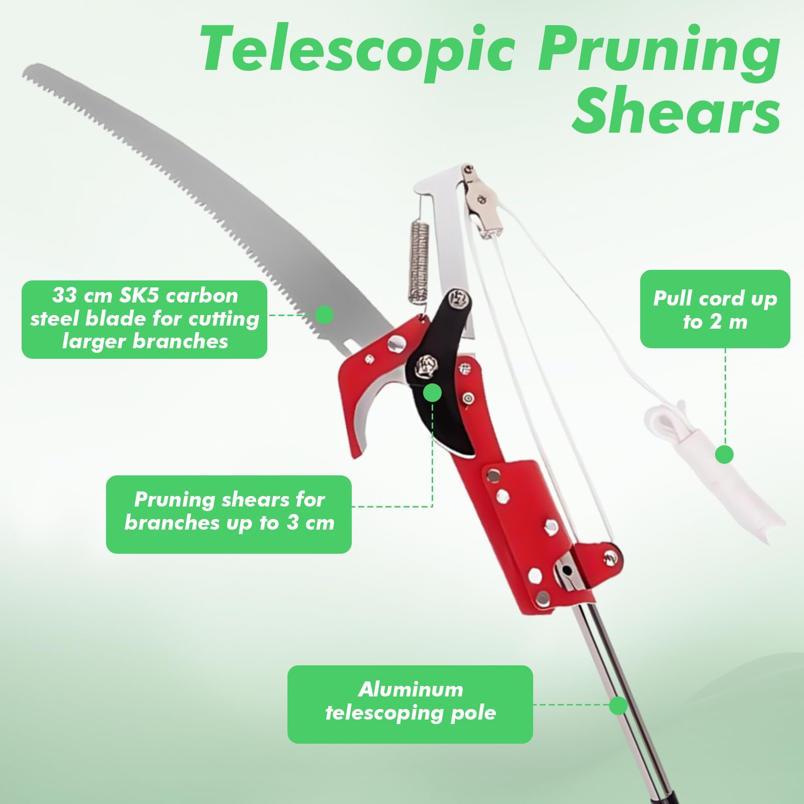 Sierra de podar telescópica para podar árboles, tijeras para ramas altas, 82-410 cm, cortador de ramas manual con mango telescópico, sierra telescópica para jardines, silvicultura, agricultura
