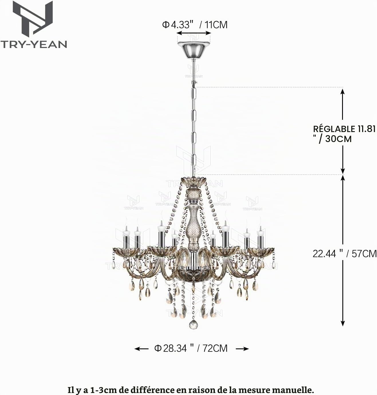 Lustre à 8 Bras Lustre Cristal Moderne Couleur Cognac Pampille Suspension Lampe de Plafond Verre Cristal K5 avec Chaîne Réglable pour Chambre, Salon, Salle à Manger, Restaurant, E14