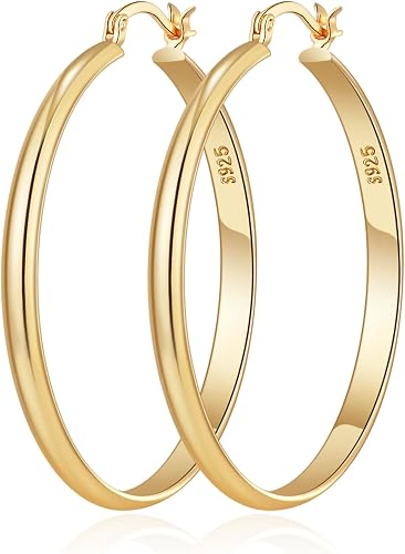 RANKEEF 3 mm Ancho Grandes Pendientes Aro Mujer Hipoalergenicos Post de Plata de Ley 925 Pendientes Dorados Mujer Ligeros 14K Oro Grandes Aros Plata 30/40/50/60mm