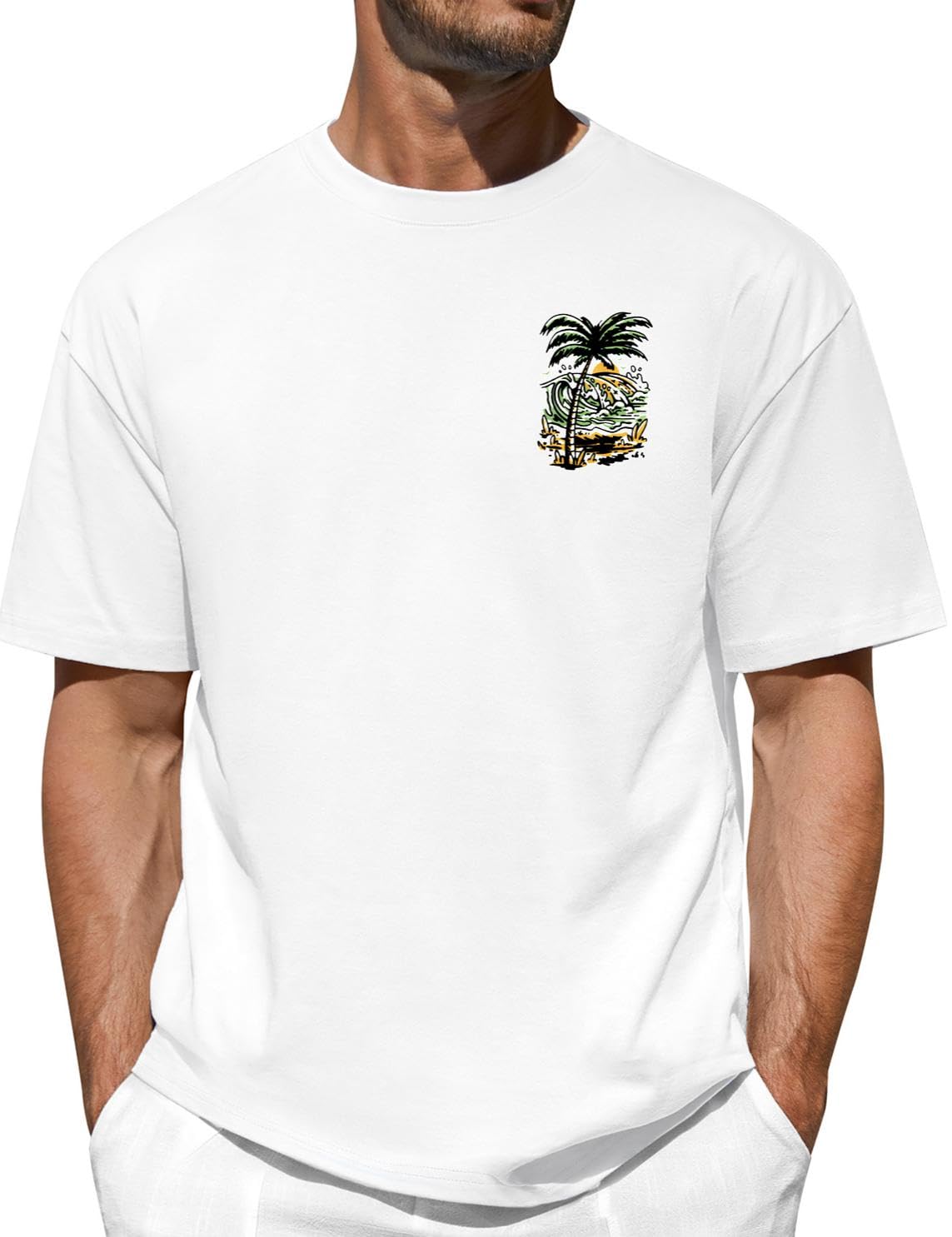Lonya Herren Oversize T Shirt Sommer, Baumwolle Rundhals Kurzarm, Kokosnussbaum Strand Sonnenuntergang Palm Bedruckte Streetwear Basic Casual Oberteile Top