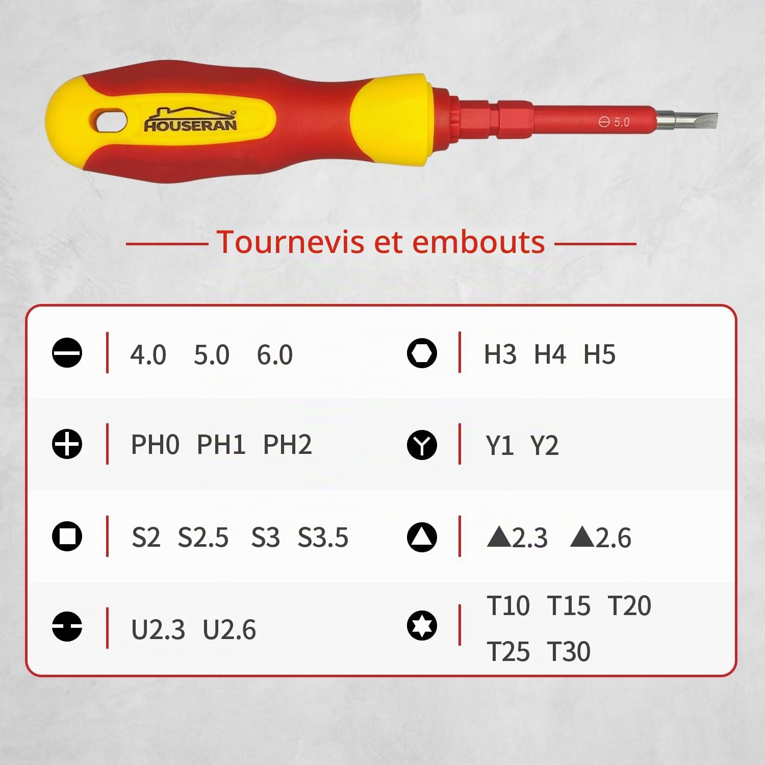 Tournevis Isolés avec Étui, 26 Embouts | Embouts Magnétiques Interchangeables, Testeur de Tension Inclus, Poignée Antidérapante, PC et Auto