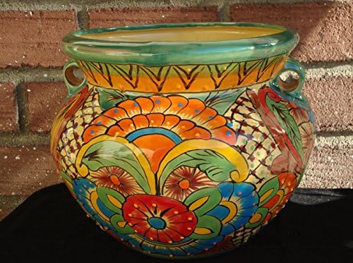 Talavera Big Ceramic Pot Bean Flower Planter Mexican Fine Art Pottery Decor 12" [Vibrant Hand Painted Colors Original Design] [Mexico Handcraft Pottery] [Earth Tones]