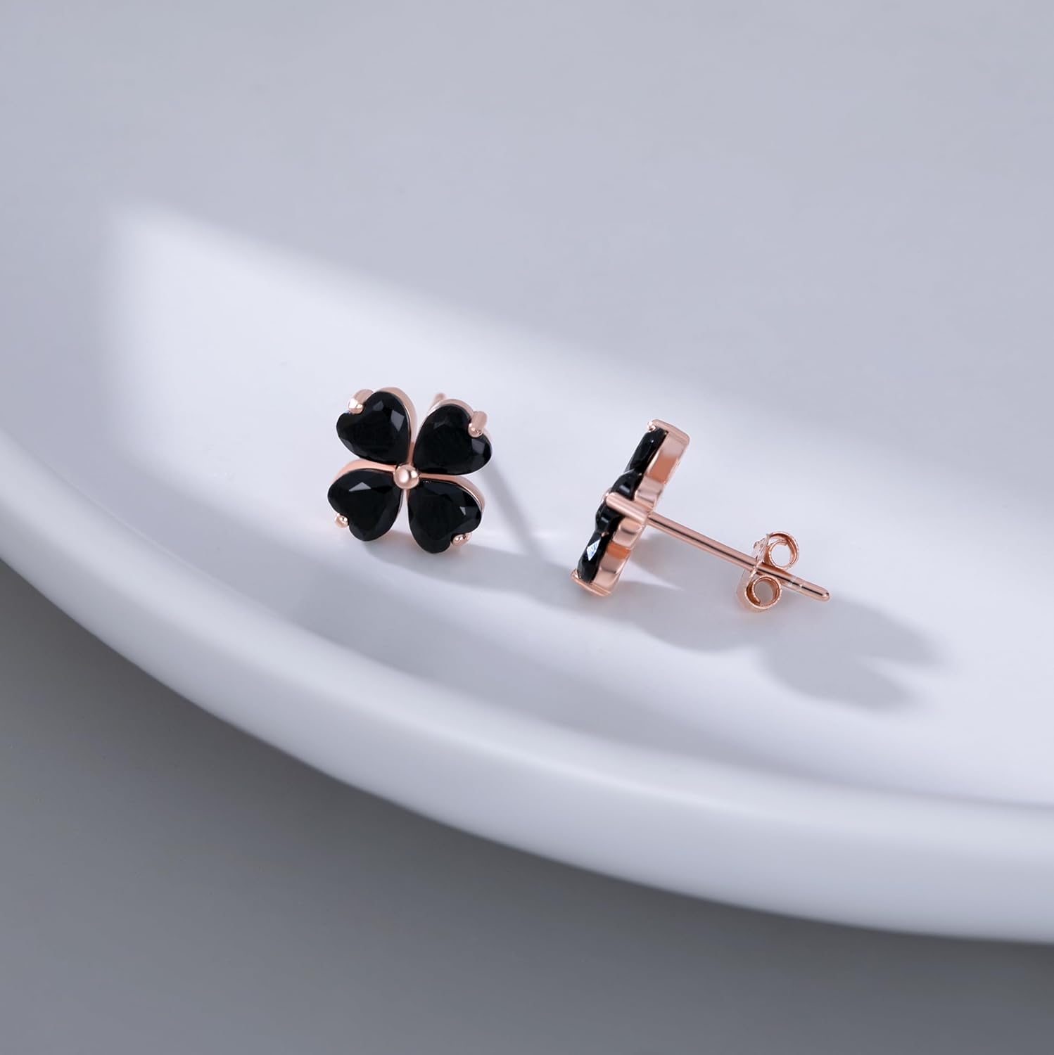 Reffeer Solid 925 Sterling Silver CZ Four Leaves Clover Earrings Studs for Women Teen Girls Heart Cut Black Clover Studs Earrings Leaf