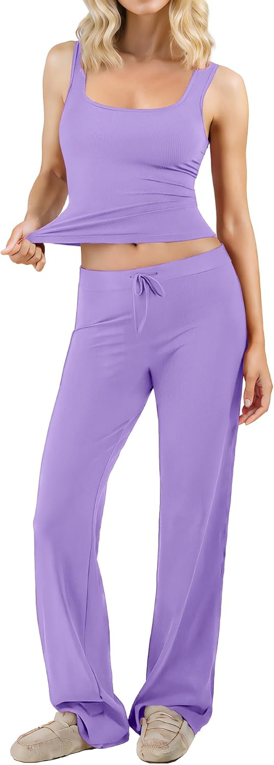 Popilush Pajamas for Women Set 2 Piece Modal Lounge Wear Sleeveless Ribbed Tank Top and Shorts for Holiday Party Pjs