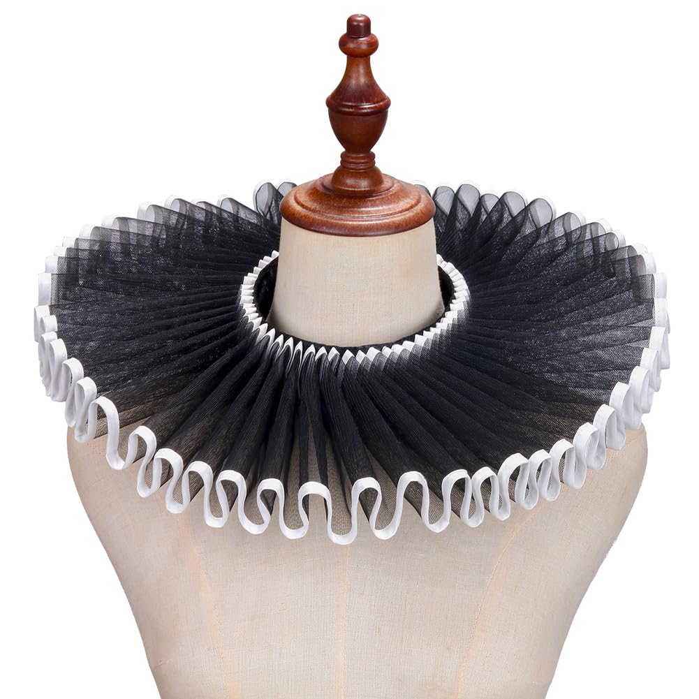 CABODYALS Black Tulle Ruffled False Collar Vintage Renaissance Elizabethan Medieval Ruff Sheer Pleated Lace Up Design Decorative Cape Clown White Neck Collars for Women Costume Party Accessory Cosplay
