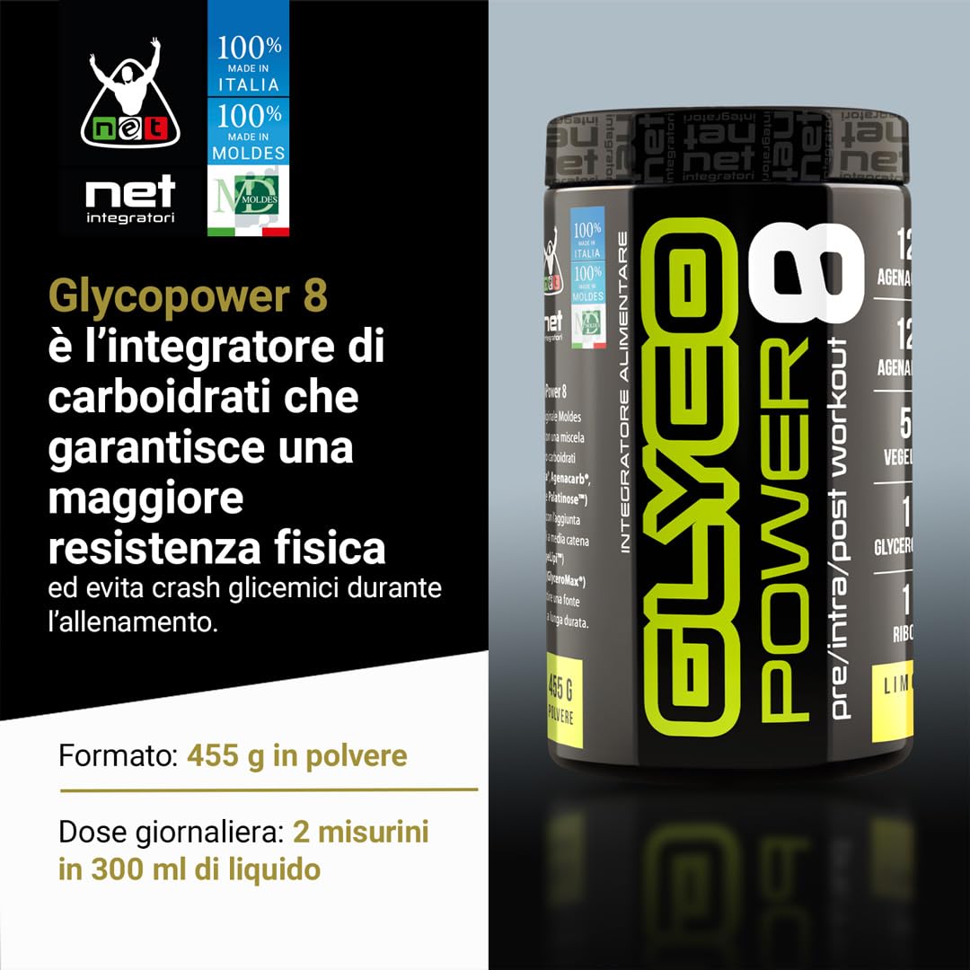 Net Integratori GLYCOPOWER 8-455g Limone - Carboidrati in Polvere - Massimizza la Resistenza Fisica e il Recupero Muscolare, Fonte Energetica A Lunga Durata, Pre-Intra o Post Workout