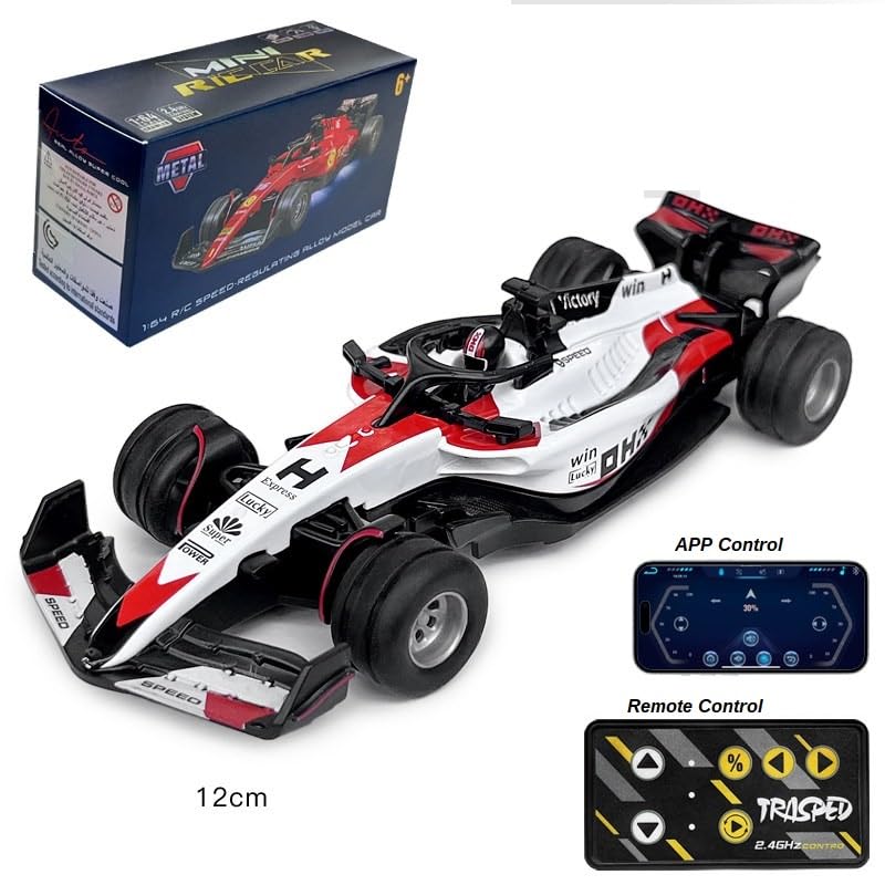 Image of PLUSPOINT 1:64 Die cast Metal F1 Mini RC Racing car with LED Lights | 2.4GHz Remote Control Car | 3 Speed Adjustable, USB Rechargeable Alloy RC Car for Kids & Adults Indoor /Outdoor Racing