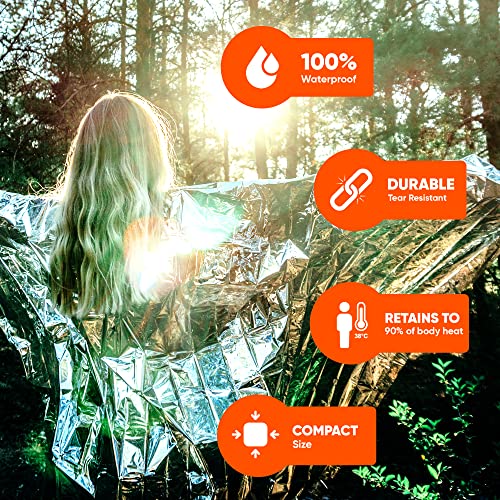 Rainier Rugged Survival Blankets - Waterproof & Windproof Emergency Cover, Reflective Exterior - Helps Retain Body Heat - 12 Microns, Compact & Lightweight - 5-Pack, 4 Silver, 1 Gold - 52X82”, 2Oz #TOP6