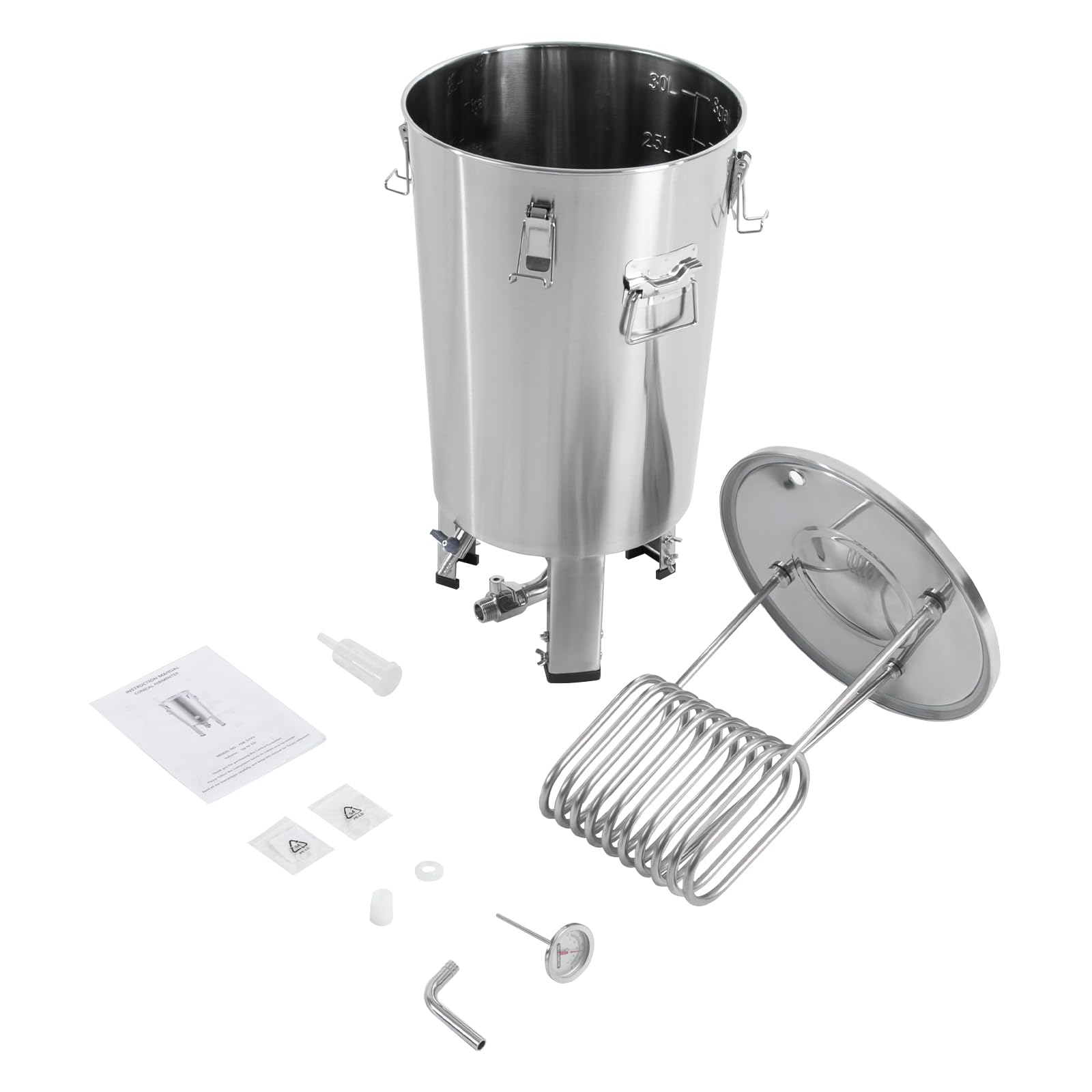 Gärtank 32 l, Edelstahl 304, mit Kühler, konischer Vereisung, Bierbraubehälter, für Handwerk, Wein, Milch usw., verwendet als konventioneller Lagerbehälter