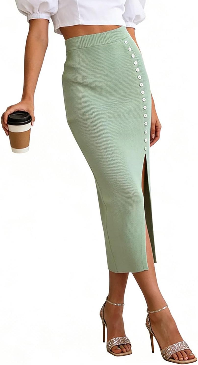 Women's Slim Fit High-Waisted Knit Skirt with Side Button Accents and Front Slit