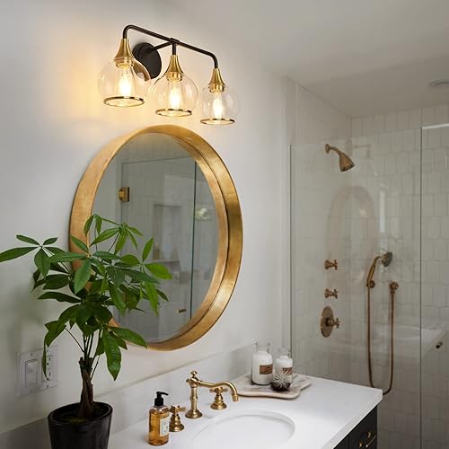 Miniatura 5 de Lámpara de tocador de baño negra y dorada, 3 luces, sobre espejo con pantalla de vidrio transparente, aplique de pared de 22.4 pulgadas (excluye