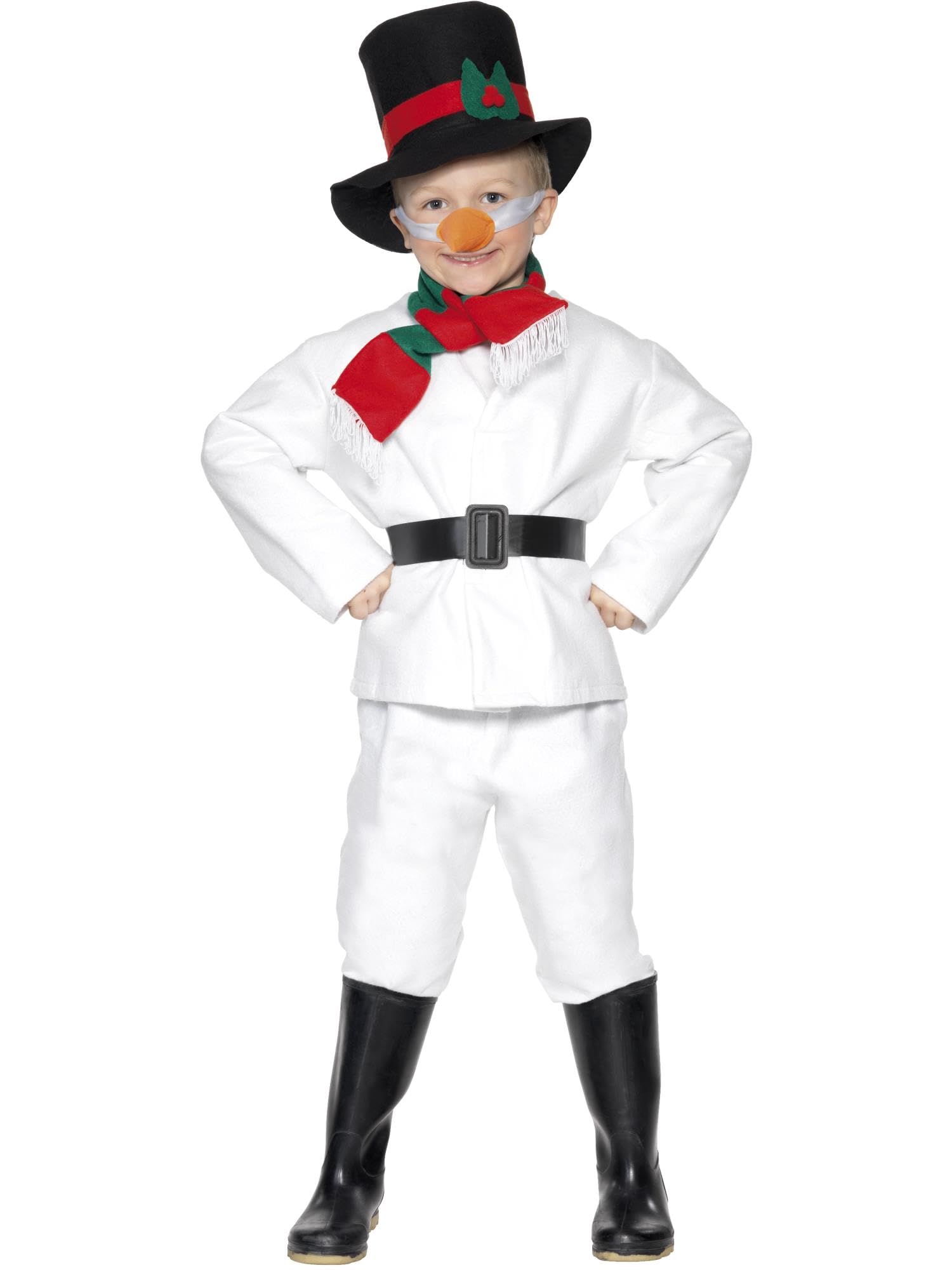Smiffys Snowman Costume, White with Top, Trousers, Hat, Scarf, Belt & Carrot Nose, Christmas Children's Fancy Dress, Santa Dress Up Costumes