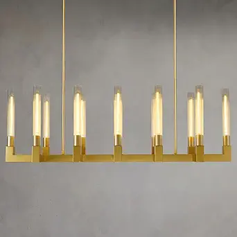 54'' Brass Rectangular Chandeliers for Dining Room,12-Lights Modern Farmhouse Chandelier with Knurled Glass Tube,Gold Linear Chandeliers Dining Room Over Table Rectangle Kitchen Island Pendant Light
