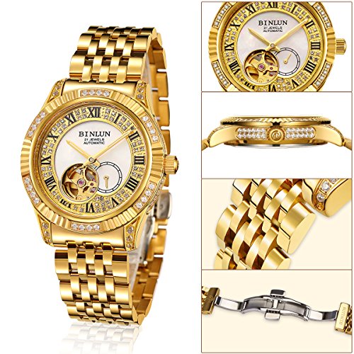 Image of BINLUN Men Wrist Watch Automatic Mechanical Gold Watch Self-Winding Stylish Men's Watches 18K Gold-Plated Luxury Wrist Watches for Men