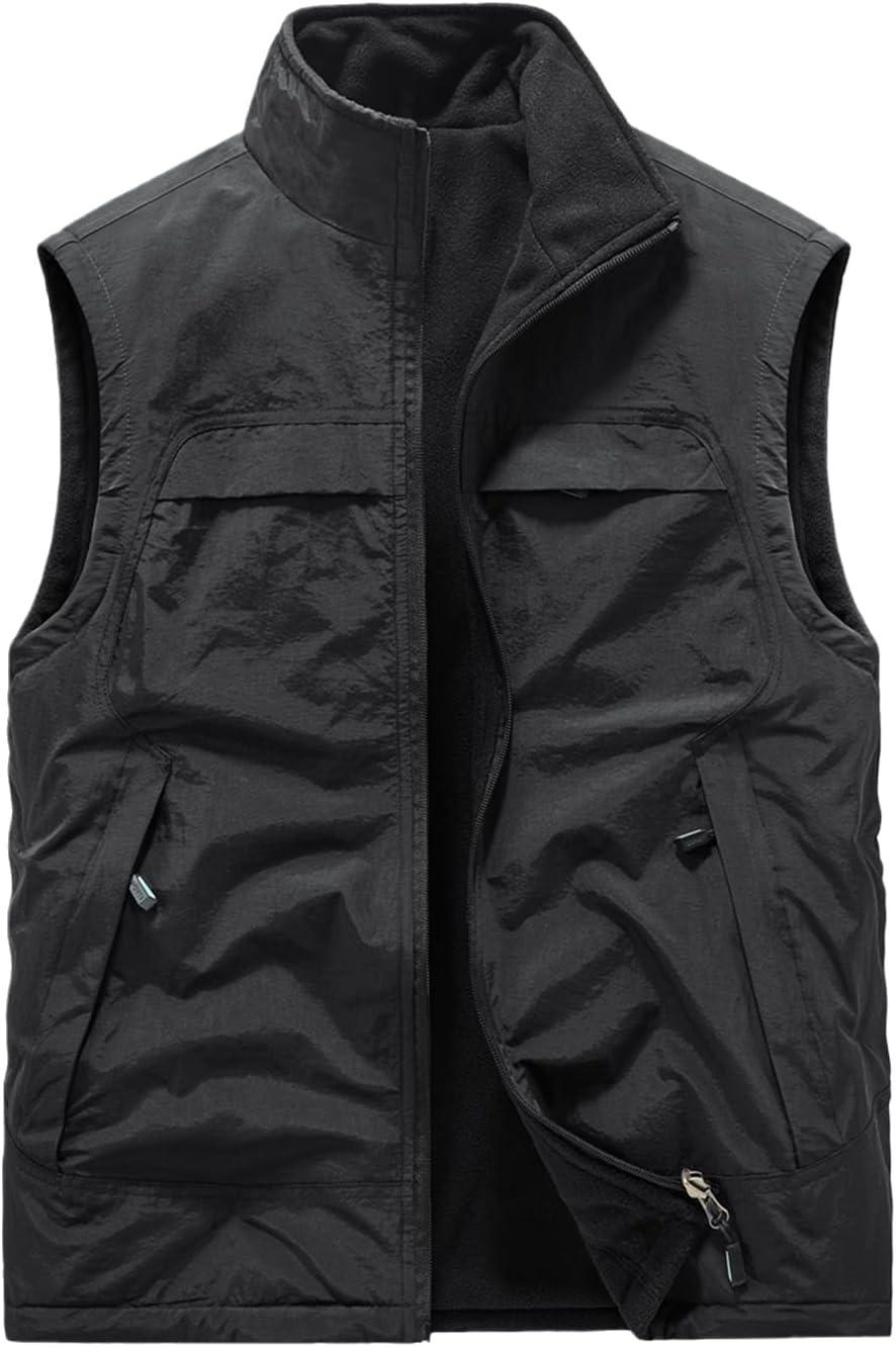 Bollrllr Men's Reversible Fleece Sleeveless Multi Pocket Vest Running Fishing Golf Vest