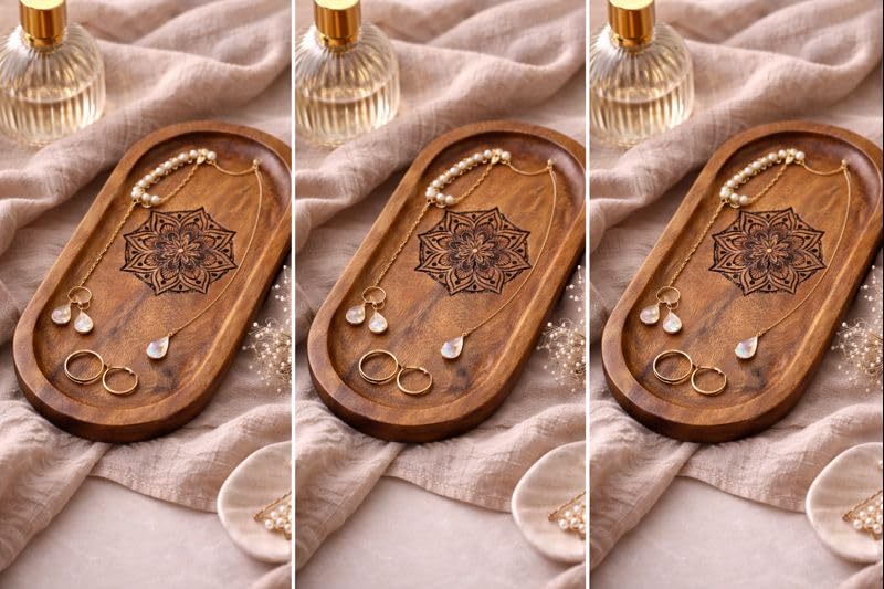 Image of Wooden Jewelry Tray, Oval Shape, L x B x H = 10 x 5 x 0.5 Inch Floral Design, Natural Wood Finish, Organizer for Rings, Necklaces, Earrings And Snacks Serving (Round Engraved 3)