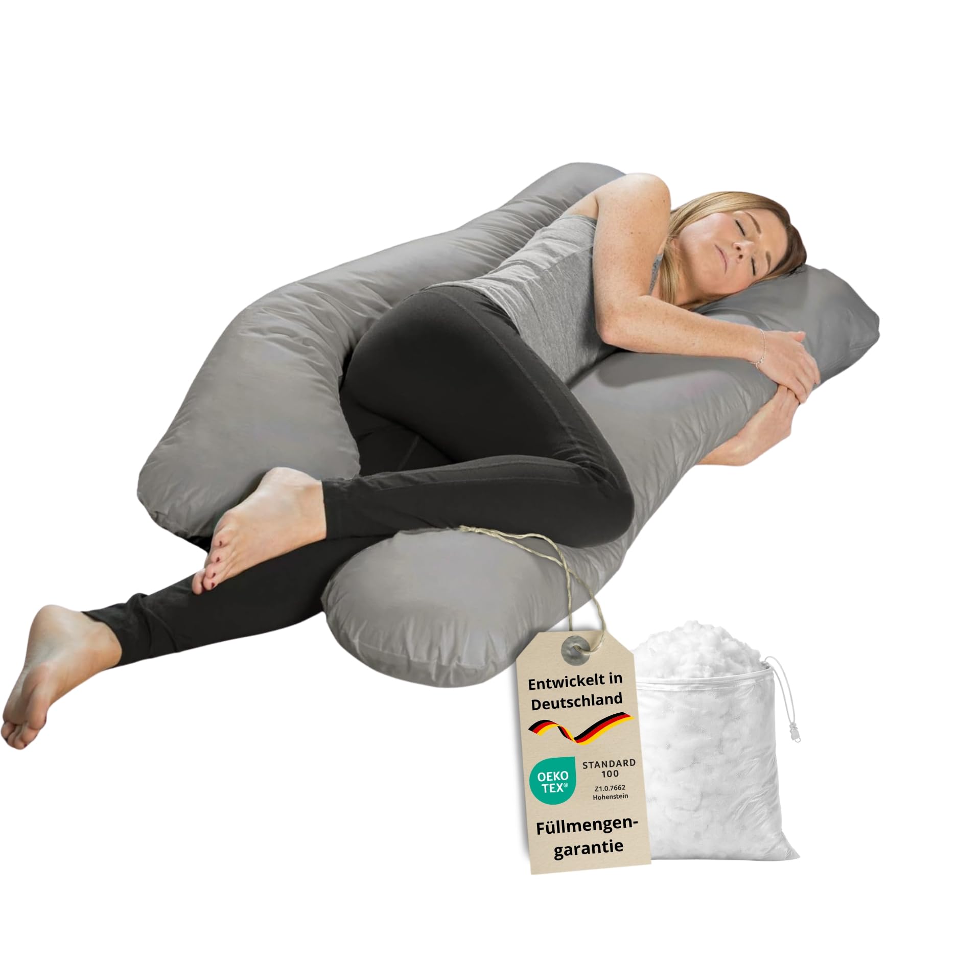 sleepling Schwangerschaftskissen, Seitenschläferkissen, Stillkissen mit Bezug aus Mikrofaser, Schwangerschaft Kissen, Pregnancy Pillow, Waschbar, Oeko-TEX, Made in EU, 140x75x20 cm, grau