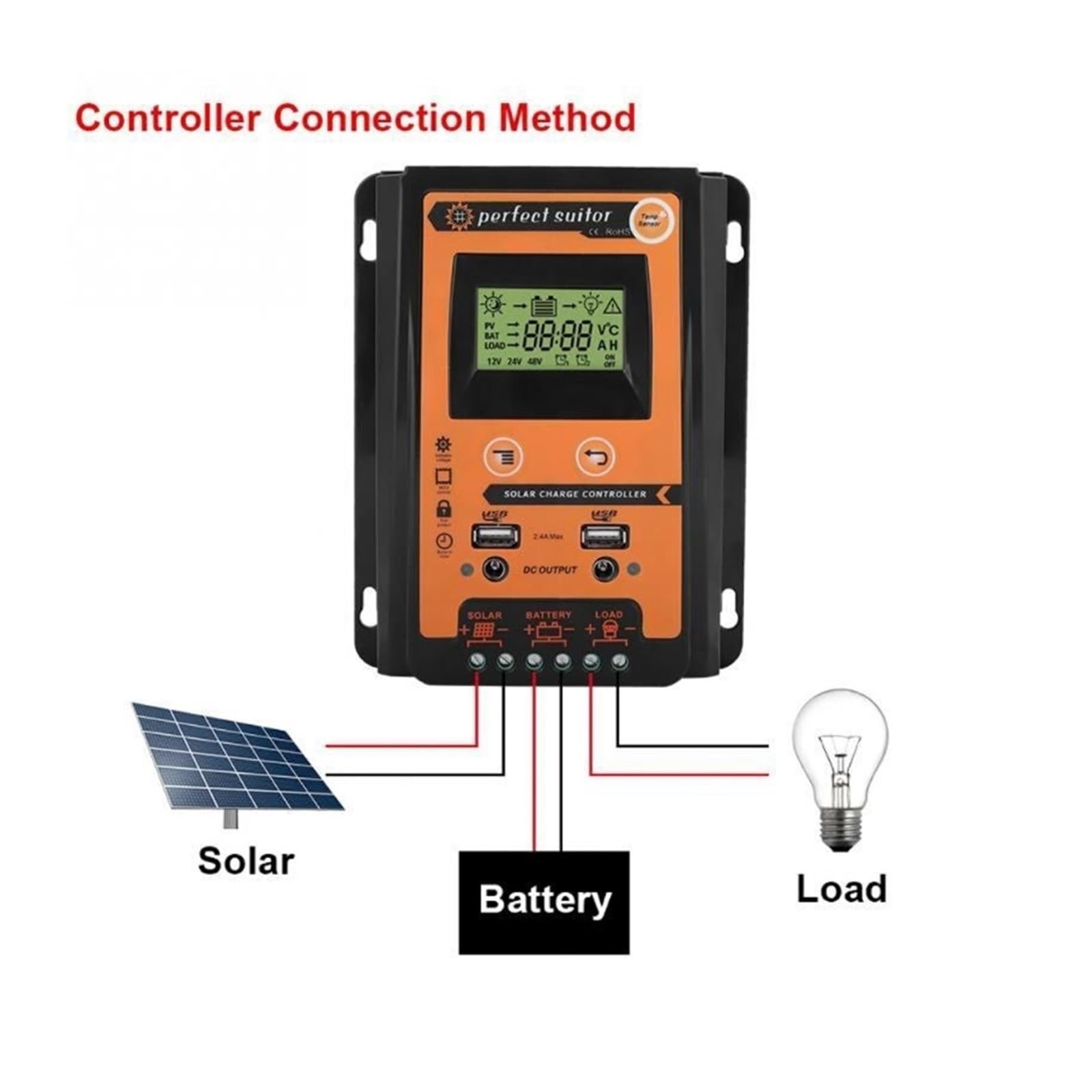 Kontroler ładowania słonecznego, Kontroler Słoneczny DC Wielofunkcyjny 12V24V 30A 50A 70A Ładowania I Rozładowania LCD Z Wyjściem(70A_12V24V)