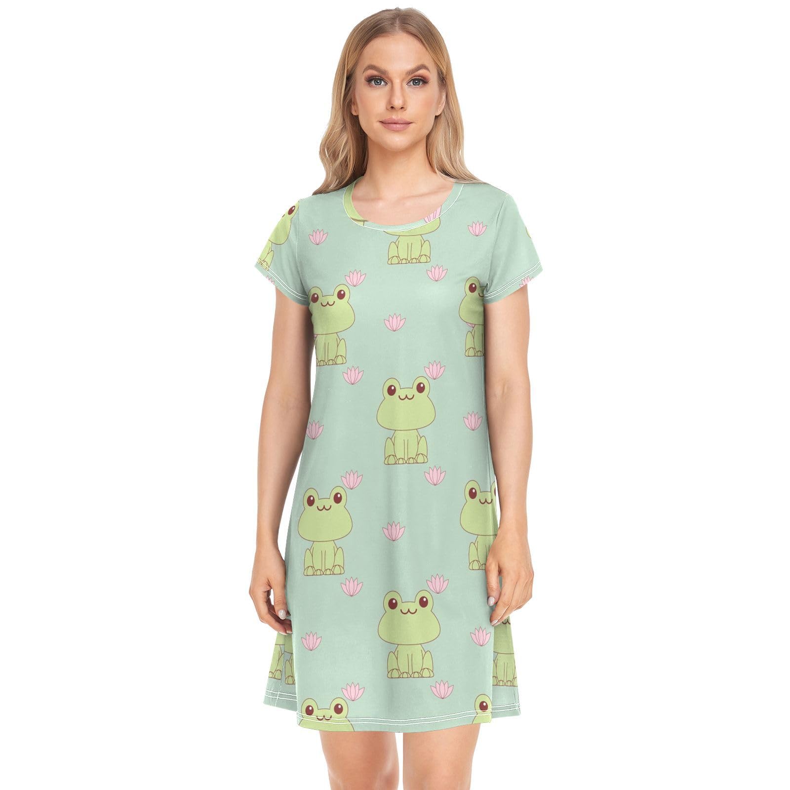 YOUJUNER Women's Nightdress Cute Frog Pattern Nighties Nightgown Short Sleeve Nightshirt Sleepwear Loungewear T-Shirt Dress